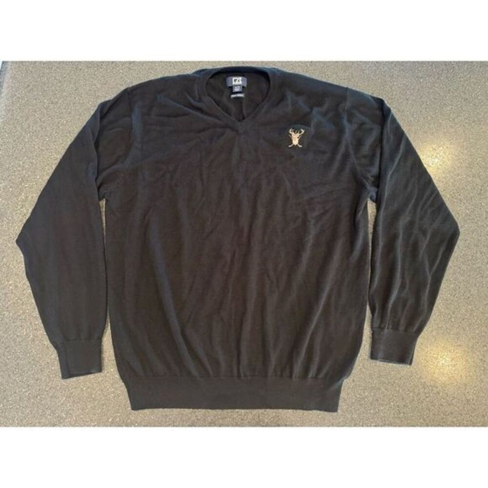 Cutterbuck Mens Wool Blend Black‎ V Neck Sweater Embroidered Buck Deer XL